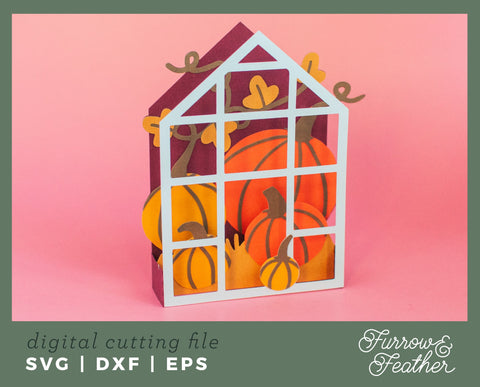 Pumpkin Greenhouse Box Card 3D Paper Furrow and Feather SVG 