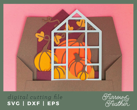 Pumpkin Greenhouse Box Card 3D Paper Furrow and Feather SVG 