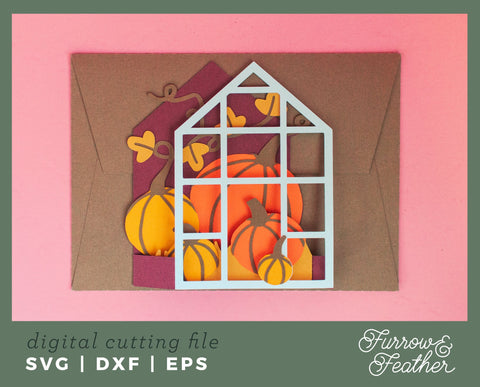 Pumpkin Greenhouse Box Card 3D Paper Furrow and Feather SVG 