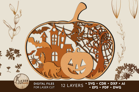 PUMPKIN Halloween Multilayer Laser Cut Files, Mandala, 3D Designs, Paper Craft SVG LaserCutano 