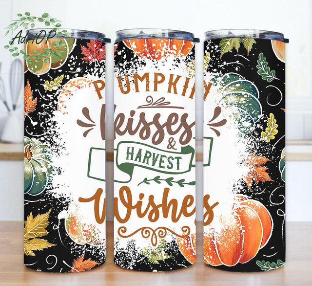 Pumpkin Kisses And Harvest Wishes Tumbler Design, Fall 20oz Skinny Tumbler, Pumpkin Tumbler Wrap, Autumn Vibes Sublimation Design, Digital Download Sublimation AdriOP 