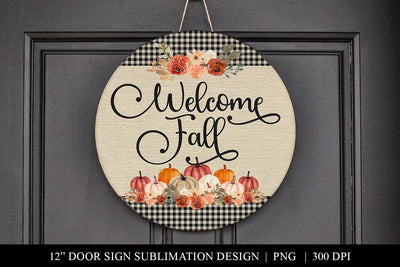 Pumpkin & Plaid Welcome Fall Round Door Hanger Sign PNG Sublimation BijouBay 