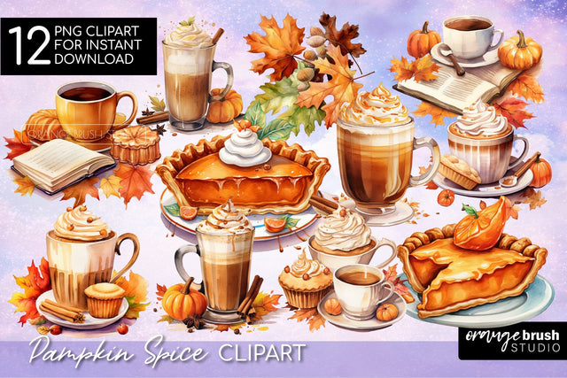 Pumpkin Spice Clipart, Watercolor Autumn Sublimation Bundle Sublimation OrangeBrushStudio 