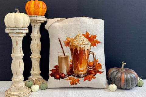 Pumpkin Spice Latter with Autumn Leaves Print Sublimation Designs by Ira 