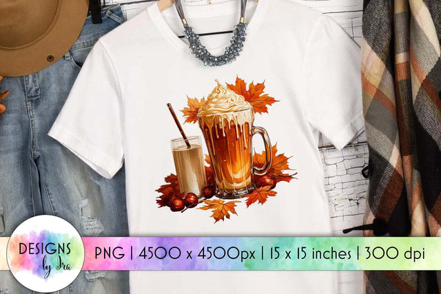Pumpkin Spice Latter with Autumn Leaves Print Sublimation Designs by Ira 