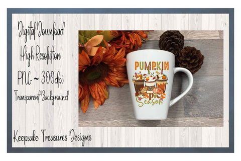 Pumpkin Spice Season Latte Cups, Autumn Leaves, Pumpkin Spice Latte, Fall Sublimation PNG, Digital Download Sublimation Keepsake Treasures Designs LLC. 