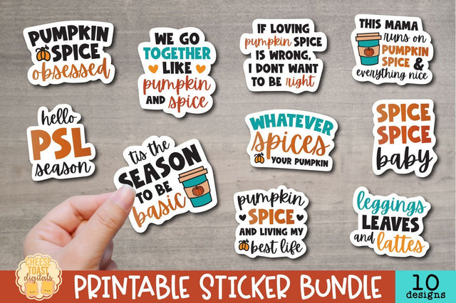 Pumpkin Spice Stickers Bundle | 10 Fall PNG Sticker Designs Sublimation Cheese Toast Digitals 