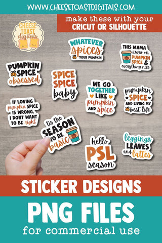 Pumpkin Spice Stickers Bundle | 10 Fall PNG Sticker Designs Sublimation Cheese Toast Digitals 