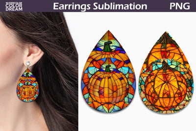 Pumpkin Stained Glass Teardrop Earrings Sublimation WatercolorColorDream 