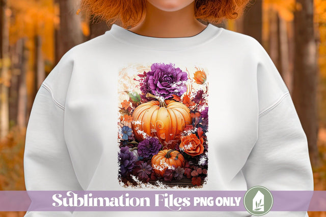 Pumpkin Sublimation Design, Purple and Orange Flowers, Fall Shirt PNG Sublimation LilleJuniper 