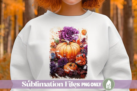 Pumpkin Sublimation Design, Purple and Orange Flowers, Fall Shirt PNG Sublimation LilleJuniper 