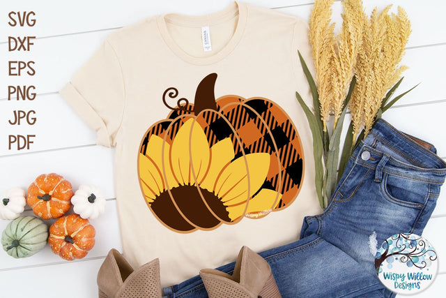 Pumpkin with Sunflower and Buffalo Plaid SVG SVG Wispy Willow Designs 