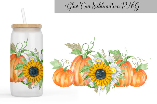 Pumpkin With Sunflower Glass Can Wrap Sublimation WatercolorColorDream 