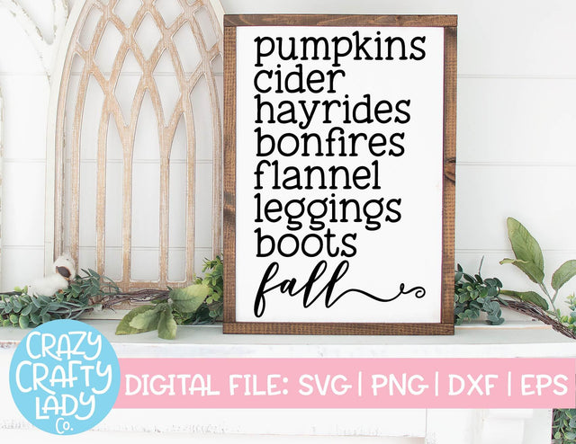 Pumpkins Cider Hayrides Bonfires Flannel Leggings Boots | Fall SVG Cut File SVG Crazy Crafty Lady Co. 