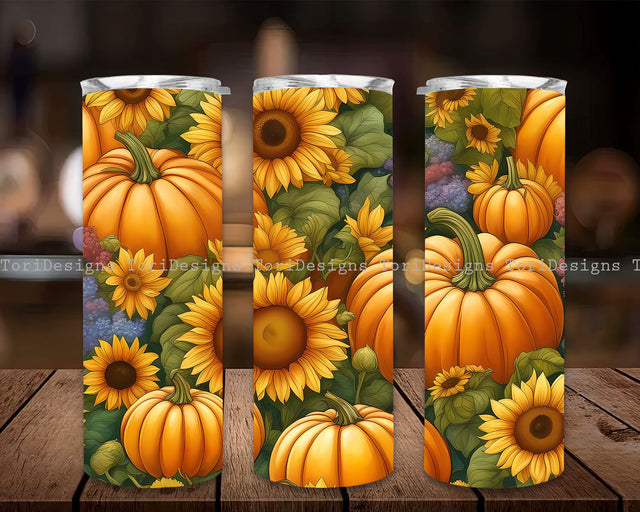 Pumpkins Fall Tumbler Wrap, Sunflowers Pumpkins 20oz Skinny Tumbler Sublimation Designs, Tumblerful Tumbler Wrap, Tumbler Designs PNG Sublimation ToriDesigns 