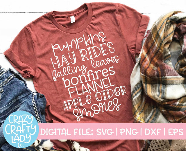 Pumpkins Hay Rides Falling Leaves Bonfires Flannel Apple Cider S'mores | Fall SVG Cut File SVG Crazy Crafty Lady Co. 