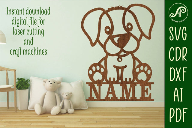 Puppy dog Name sign svg laser cut template, wall art SVG APInspireddesigns 