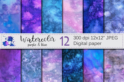 Purple and Blue Watercolor Backgrounds / Digital Paper / Texture Digital Pattern VR Digital Design 