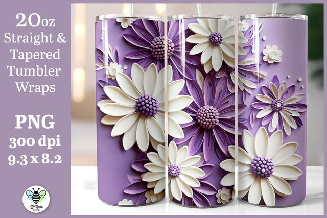 Purple and Cream 3D Daisy Wrap | 20oz Tumbler 3D Design Sublimation B Renee Design 