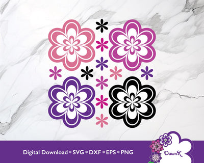 Purple and Pink Flower SVG Bundle - Layered Flowers SVG, Geometric Flowers SVG SVG DawnKDesigns 