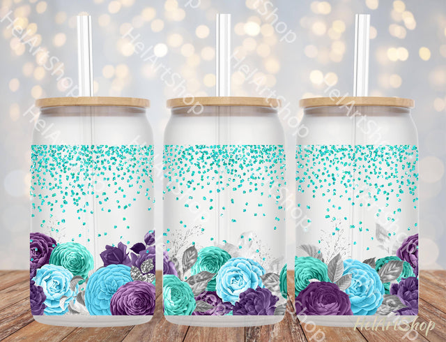 Purple And Turquoise Bouquets 16oz Libbey Glass Can PNG Sublimation _HelArtShop_ 