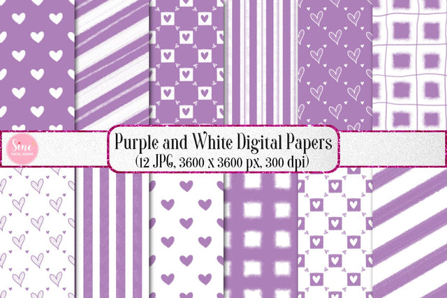 Purple and White Valentines Digital Papers Backgrounds Set Digital Pattern SineDigitalDesign 