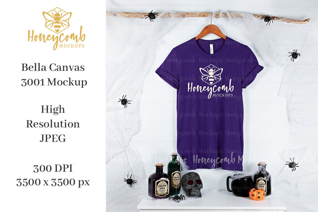 Purple Bella Canvas 3001 T-Shirt Mockup, Halloween Mockup, Hanging Mockup. Purple T-Shirt Mockup Mock Up Photo Honeycomb Mockups 