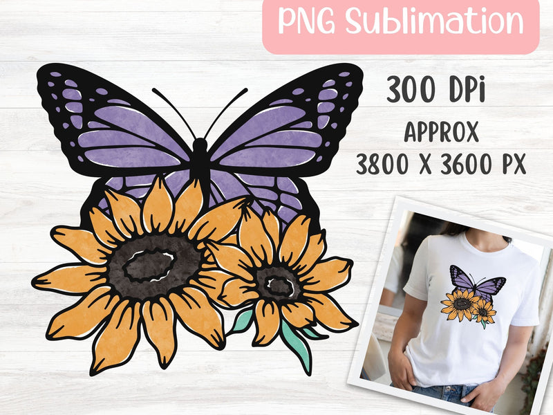 Purple Butterfly PNG Transparent, Sunflower Butterfly PNG for Print, Butterfly Clipart for Sublimation Sublimation Apple Grove Designs 