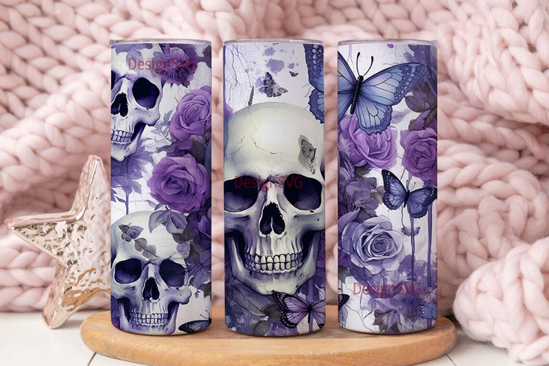 Purple Floral Skulls Halloween 20 oz Tumbler Wrap, Halloween 20 Oz Skinny Sublimation Tumbler Wrap Digital Design Sublimation DesignSVG 
