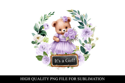 Purple Floral Teddy Its A Girl Baby Shower Clipart Sublimation BijouBay 