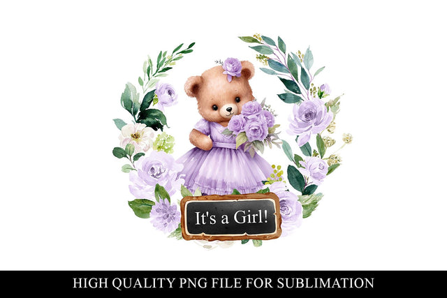 Purple Floral Teddy Its A Girl Baby Shower Clipart Sublimation BijouBay 