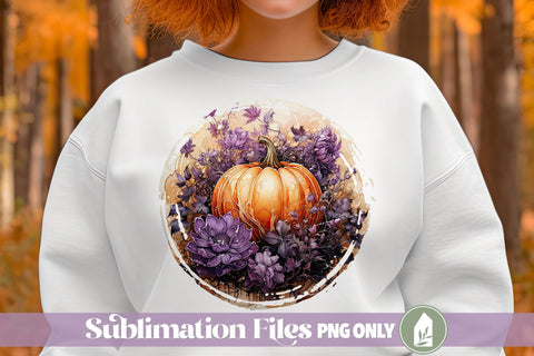 Purple flowers and Pumpkin Fall Shirt Sublimation Design Sublimation LilleJuniper 