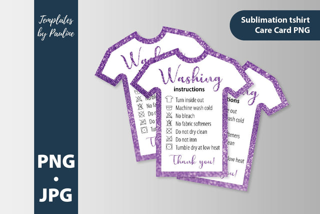 Purple glitter t-shirt washing instructions card. Shirt care card PNG SVG Templates by Pauline 