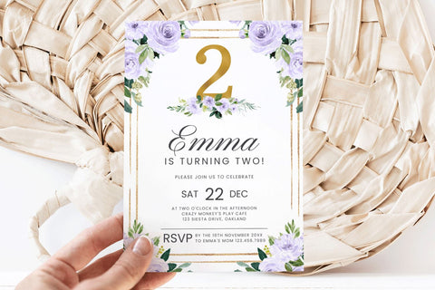 Purple & Gold 2nd Birthday Invitation - Canva Template 3D Paper BijouBay 