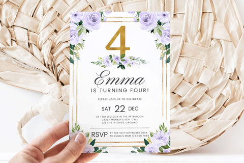 Purple & Gold 4th Birthday Invitation - Canva Template 3D Paper BijouBay 