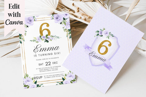 Purple & Gold 6th Birthday Invitation - Canva Template Sublimation BijouBay 