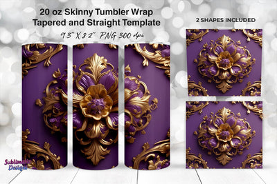 Purple & Gold Flower 3D Molding 20oz Skinny Tumbler Wrap Sublimation Sublimatiz Designs 