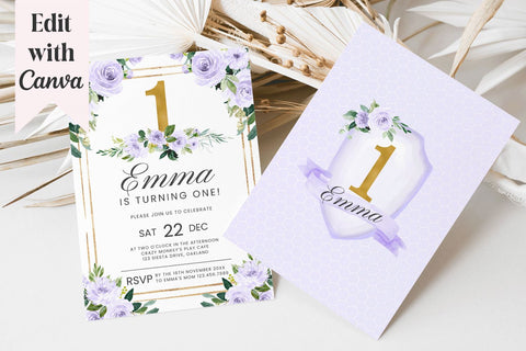 Purple & Gold Girls First Birthday Canva Invitation Template 3D Paper BijouBay 