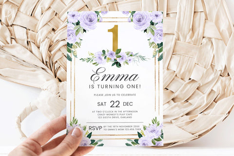 Purple & Gold Girls First Birthday Canva Invitation Template 3D Paper BijouBay 