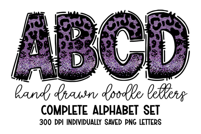 Purple Leopard Print Glitter Doodle Letters Alphabet Set Sublimation BijouBay 