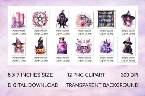 Purple Witch Clipart Bundle, Watercolor Halloween Clipart Sublimation OrangeBrushStudio 