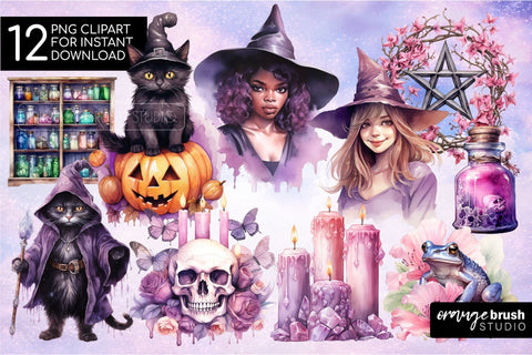 Purple Witch Clipart Bundle, Watercolor Halloween Clipart Sublimation OrangeBrushStudio 