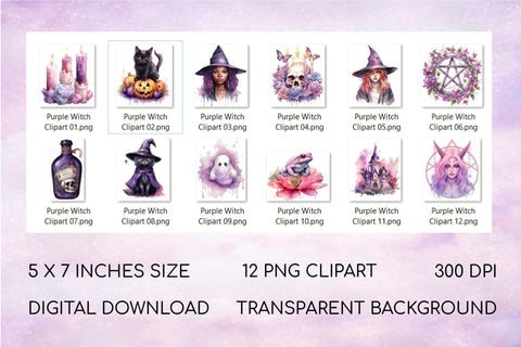 Purple Witch Clipart Halloween Sublimation Bundle Sublimation OrangeBrushStudio 