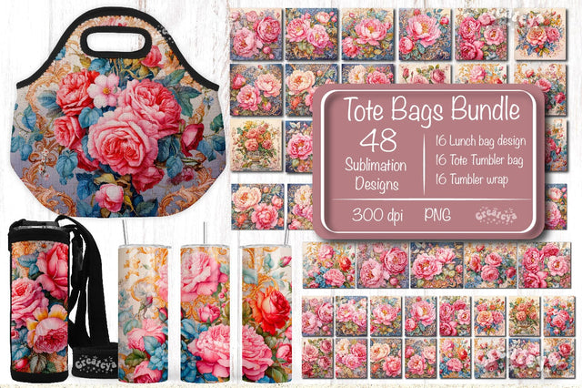Purse look Lunch tote Lunch bag template Bundle 20 oz skinny tumbler wrap design Tote Tumbler bag sublimation bundle Pink Peony Print Sublimation Createya Design 