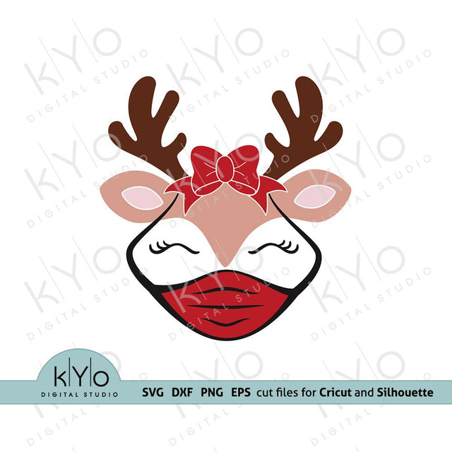 Quarantine Reindeer Face with Mask and Bow Svg cut files SVG kYo Digital Studio 