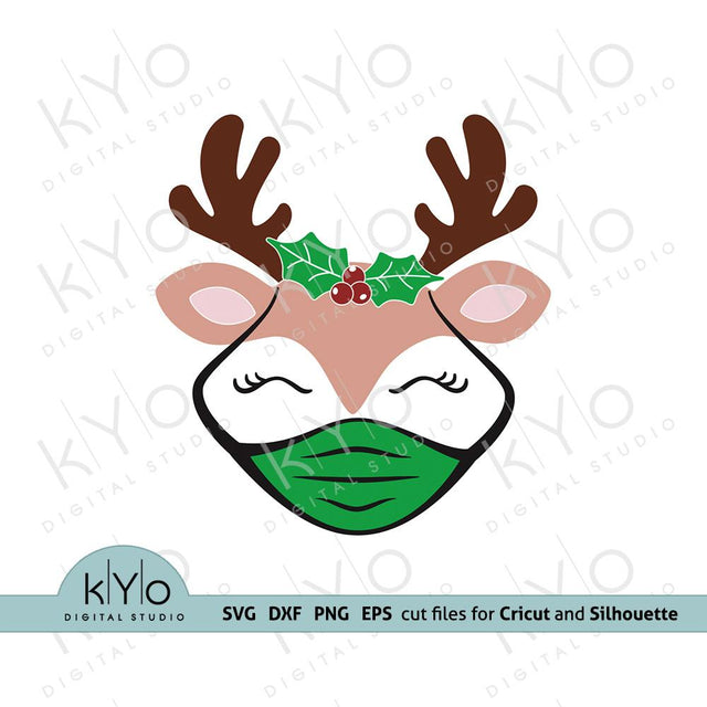 Quarantine Reindeer Face with Mask and Holly Svg cut files SVG kYo Digital Studio 