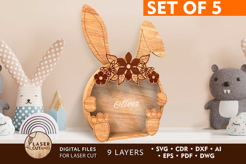 RABBITS EASTER Sweets Box Bundle for Kids, SET OF 5, Candies Box, Multilayer Laser Cut Files, Mandala, Round Sign SVG, 3D Designs, Mini Design Bundles SVG LaserCutano 