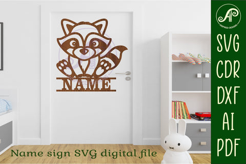 Raccoon Name sign SVG laser cut template digital SVG APInspireddesigns 