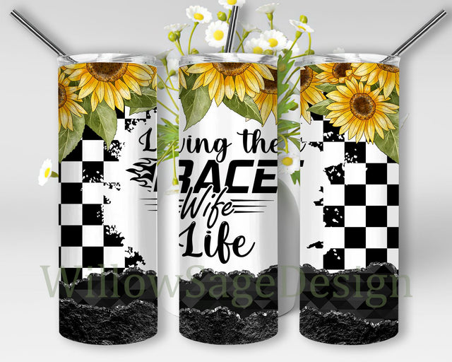 Race Wife, 20 oz Tumbler Sublimation Design, Racing Tumbler, Checkered Flag Floral, Skinny Tumbler Png Digital Download Sublimation WillowSageDesign 