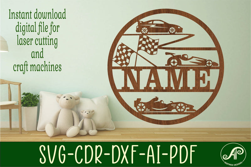 Racing cars name sign svg laser cut template So Fontsy